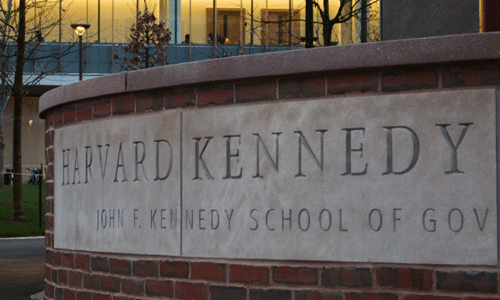 Exterior signage at Harvard Kennedy School of Government
