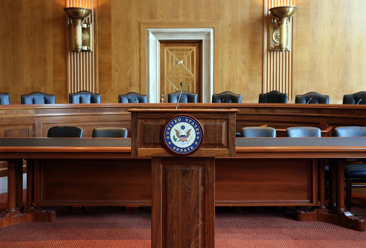 Podium and dais in a hearing room of the United States Senate