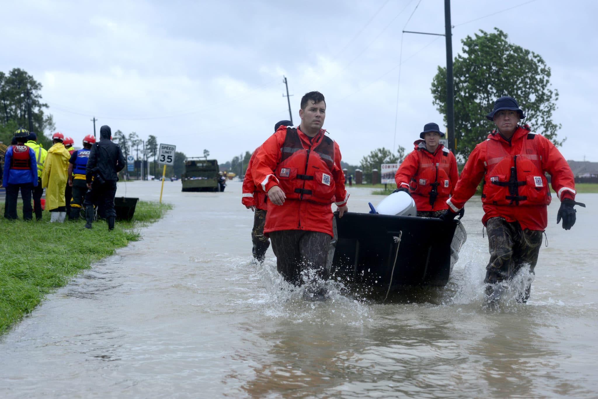 Coast Guard members evacuate survivors of Hurricane Harvey in the greater Houston Metro Area Aug. 29, 2017. Members of the Coast Guard's Deployable Specialized Forces from Maritime Safety and Security Team (MSST) New Orleans, MSST Miami, MSST Houston, the Atlantic Strike Team, and the Gulf Strike Team. (U.S. Coast Guard photo by Petty Officer 3rd Class Travis Magee/Released)