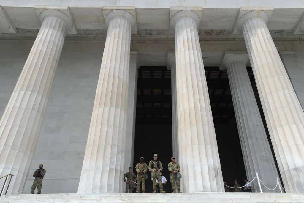 Military troops positioned at the Lincoln Memorial