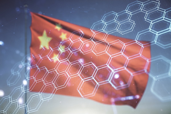 Double exposure of abstract virtual technology hologram with hexagon on Chinese flag and blue sky background. Research and development software concept