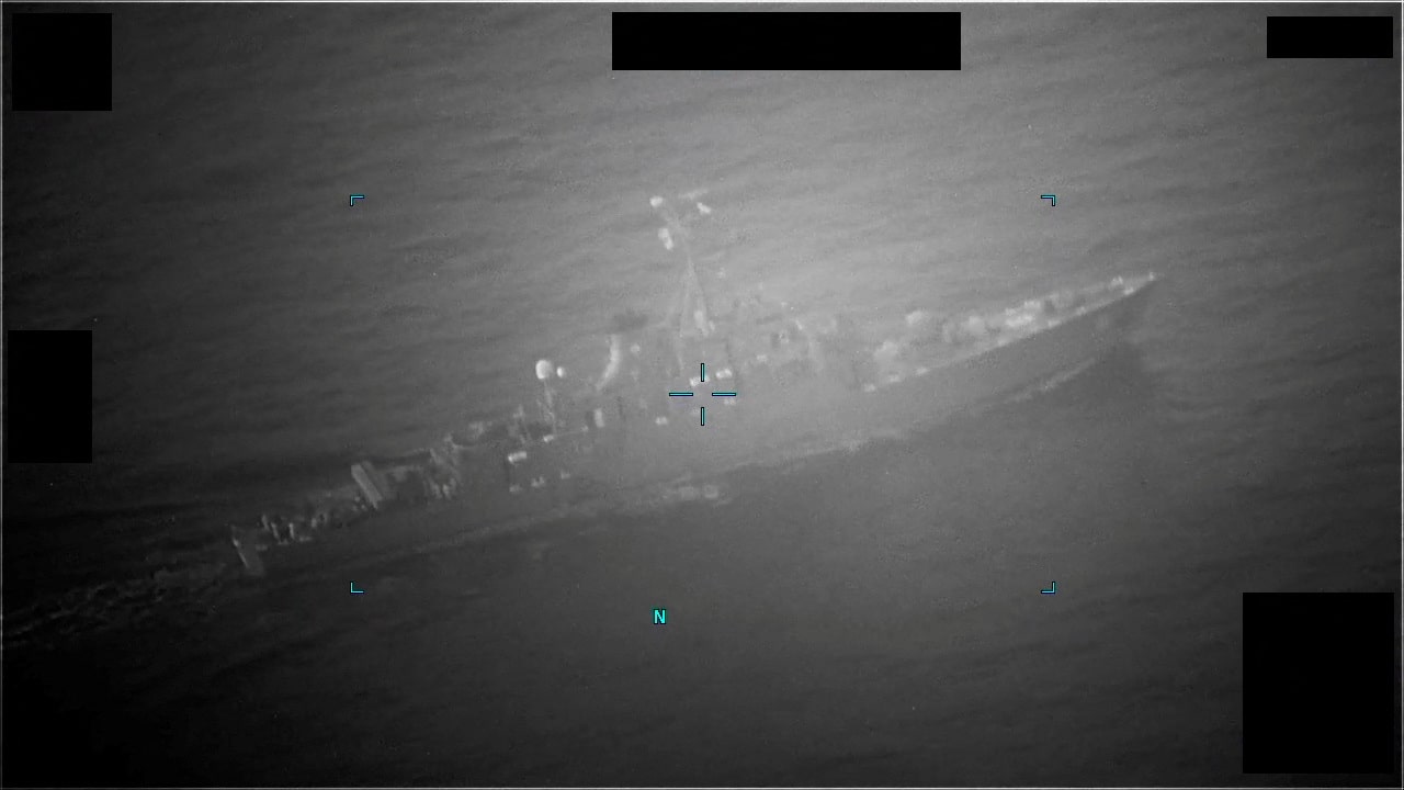 A still image obtained from a handout video which captured M/T Richmond Voyager being approached by an Iranian naval vessel during an attempt to unlawfully seize the commercial tanker, according to U.S. Navy, in the Gulf of Oman, provided by U.S. Navy on July 5, 2023. U.S. Naval Forces Central Command/U.S. 5th Fleet/Handout via REUTERS
